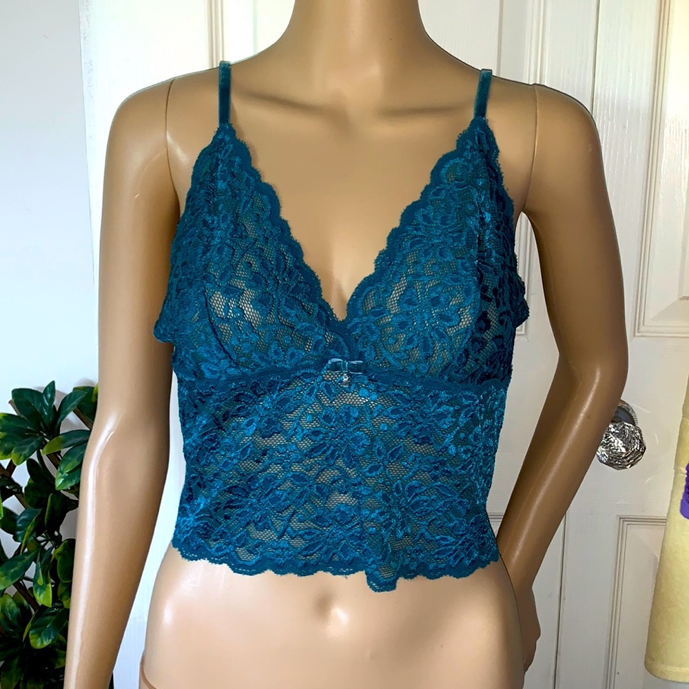 Vintage 90’s teal stretch lace velvet bow cami top XL